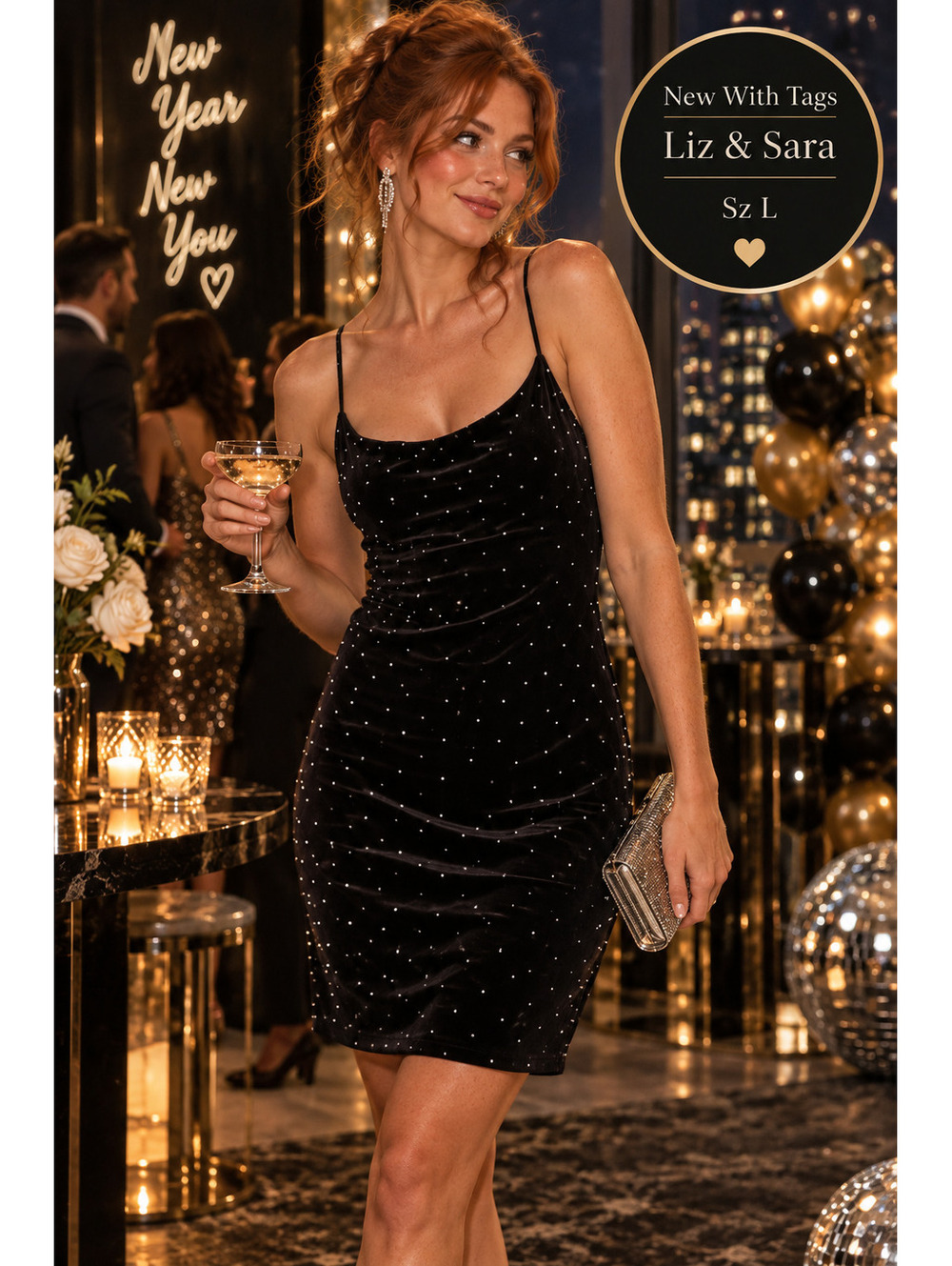 NWT | Liz & Sara | Sz L | Black Velvet Rhinestone Dress